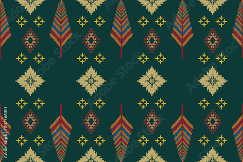 Richly detailed fabric pattern featuring geometric diamonds, chevrons, and leaves in earthy tones of beige, red, and green on a dark background photo