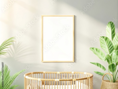 Eco-conscious nursery with a poster mockup on a neutral-toned wall, baby crib made from natural materials and green plants surrounding, bright and airy composition with soft sunlight photo