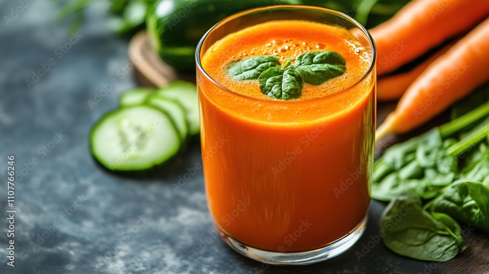 A glass of freshly made vegetable juice with ingredients like carrots, spinach, and cucumber. A glass of freshly made vegetable juice with ingredients like carrots, spinach, and cucumber.