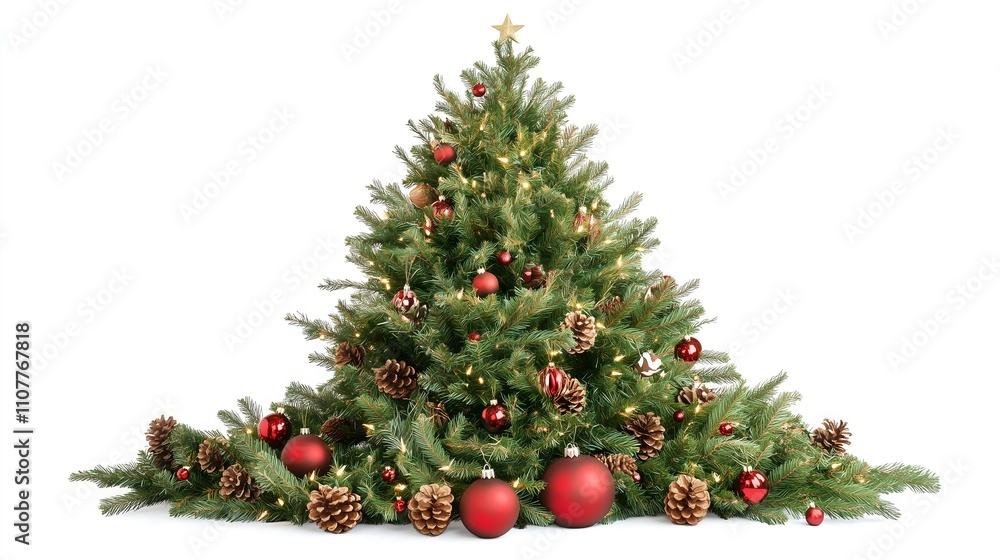 Elegant Christmas Tree with Red Ornaments, Pinecones, and Warm Lights - Perfect for Festive Holiday Decor and Seasonal Celebrations Elegant Christmas Tree with Red Ornaments, Pinecones, and Warm Lights - Perfect for Festive Holiday Decor and Seasonal Celebrations