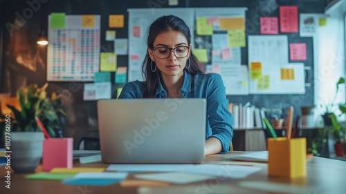 A focused project coordinator in a modern office, intently reviewing timelines on a laptop,