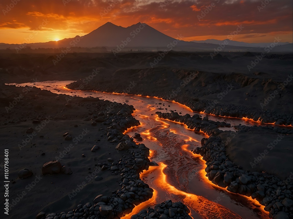 Fototapeta premium Molten lava river through a mountainous landscape at sunset.