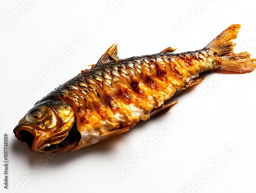 Grilled fish with crispy skin displayed on a white isolated background, emphasizing its deliciously charred texture and color. photo