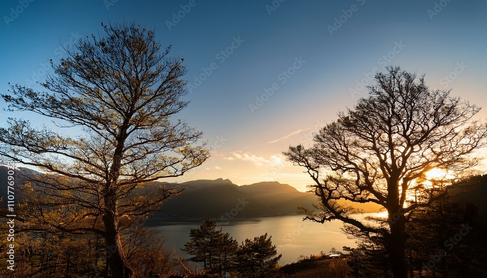 Fototapeta premium Tree silhouette with a view of the lake and mountains