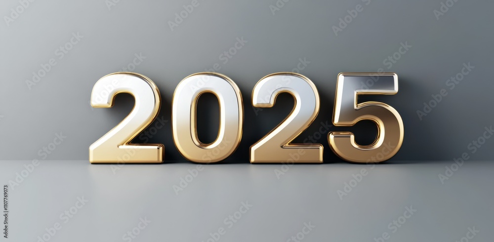 The numbers 2025 in gold on a gray background. The design is simple yet modern. This design gives a modern and sophisticated look to the New Year celebration or any special event concept. The numbers 2025 in gold on a gray background. The design is simple yet modern. This design gives a modern and sophisticated look to the New Year celebration or any special event concept.