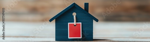 A miniature navy blue house model with a red keyhole tag, symbolizing real estate or ownership concepts on a wooden surface. photo