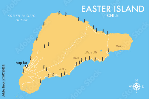 Vector graphic of Easter Island map showing the main locations of the Moai statues