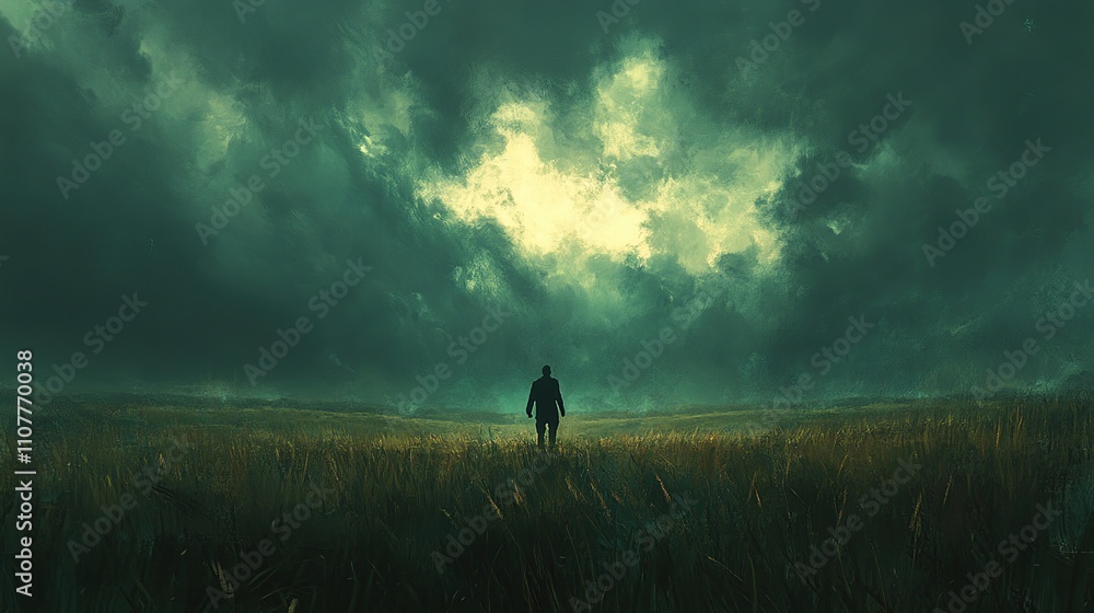 Fototapeta premium A solitary figure stands in a vast field under dramatic, cloudy skies.