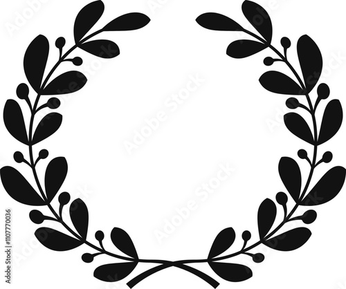 Black silhouette of a stylized laurel wreath with leaves and berries forming a continuous loop, suitable for awards, decorations, and symbolic representations