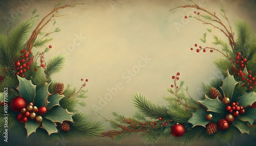 antique poster style painting of christmas reaf with copy space photo