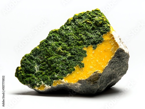 A vibrant mineral rock featuring striking green mossy textures and bright yellow formations, set against a clean white background for a stunning visual impact. photo