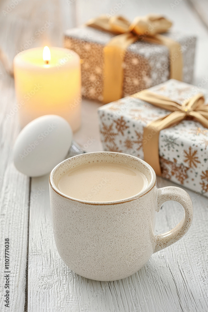 Fototapeta premium Warm and inviting, this features creamy beverage in ceramic mug, surrounded by beautifully wrapped gifts and glowing candle, perfect for cozy holiday atmosphere