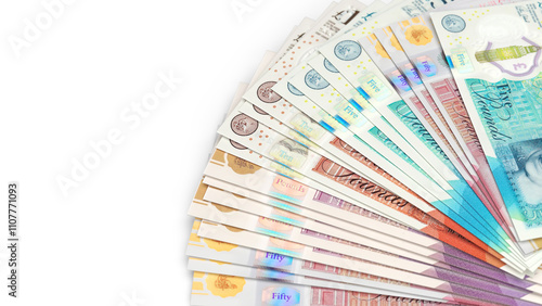 Fan arrangement of British Pound banknotes in various denominations