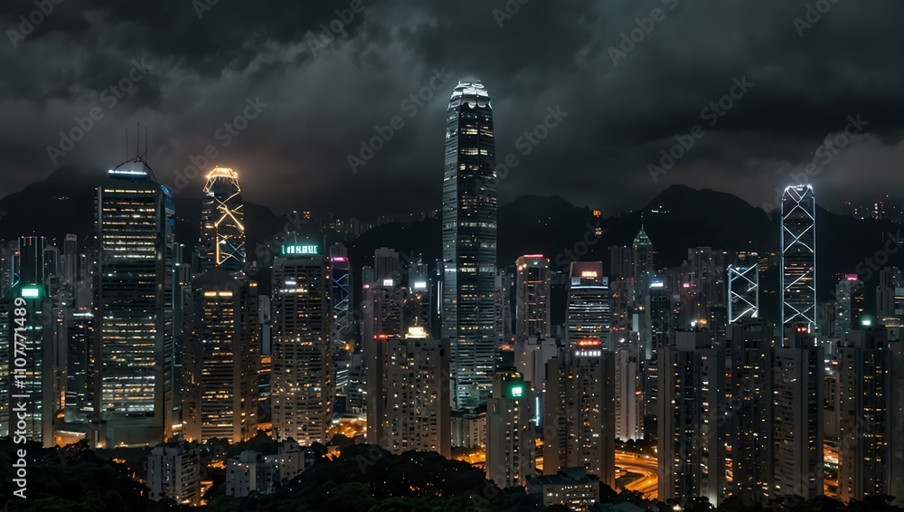 Obraz premium Moody Hong Kong cityscape at dusk with skyscrapers.