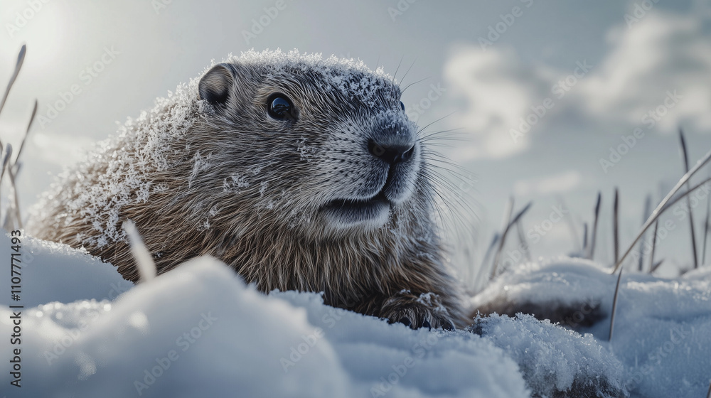 Obraz premium Close-Up of Groundhog Covered in Frost and Snow on a Chilly Winter Morning - Symbolizing Groundhog Day's Seasonal Prediction Tradition