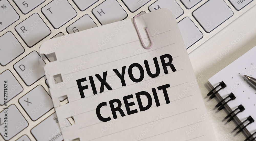 Writing note shows the text Fix your credit, business credit. Writing note shows the text Fix your credit, business credit.