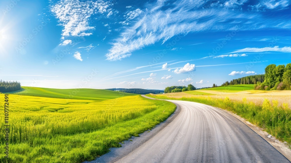 Naklejka premium photograph of Beautiful idyllic landscape in countryside banner format with a wide field of cereals and a pasture divided by a deserted asphalt road against a blue summer sky.