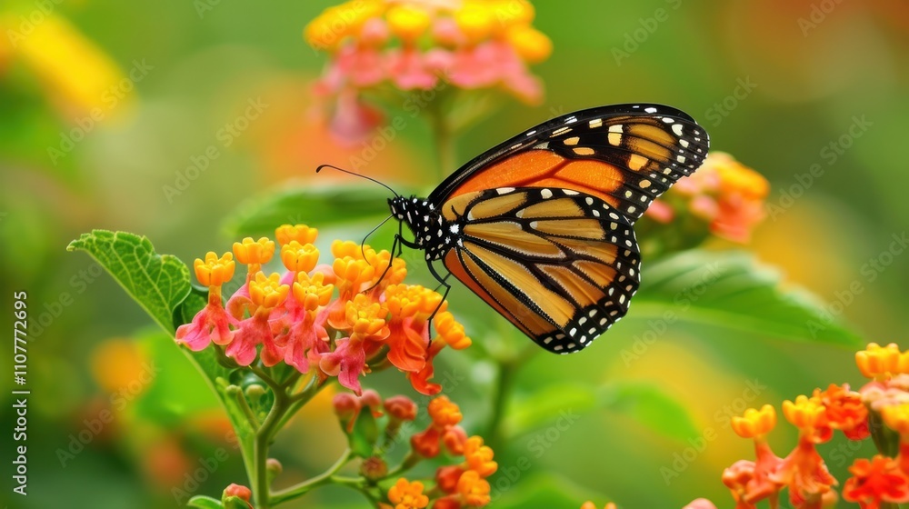 Obraz premium photograph of Beautiful image in nature of monarch butterfly on lantana flower.