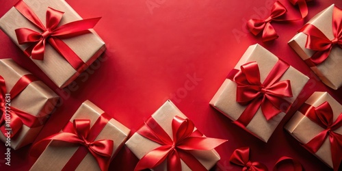 Wallpaper Mural Kraft paper gift boxes tied with elegant red satin ribbon bows on a festive red background Torontodigital.ca
