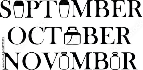 layout, autumn months design template for diaries and calendars where instead of letters there are various cosmetic jars, for different designs for different areas of life