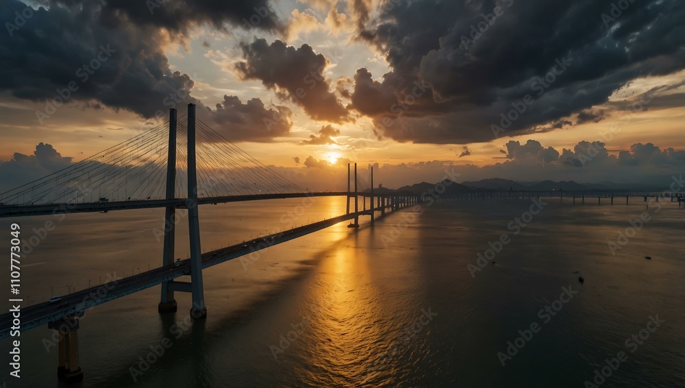 Obraz premium Morning sunrise with cloudy sky at Penang Bridge, Malaysia.