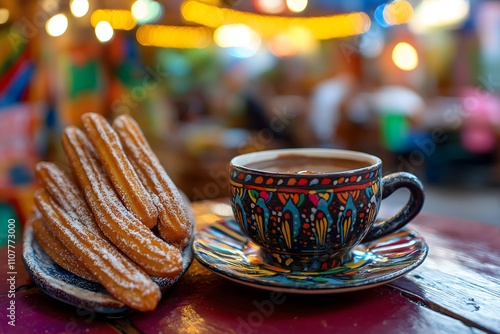 Golden, crispy Mexican churros covered in sugar and cinnamon, served with thick hot chocolate, inviting scene with colorful street decor. Street food Photography, Menu Style Photo Image