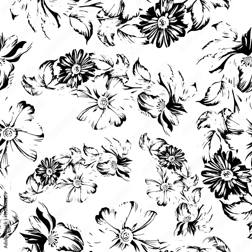 Fototapeta premium line art print of sprigs with blooming daisies buds on white background, for textile, design or pattern
