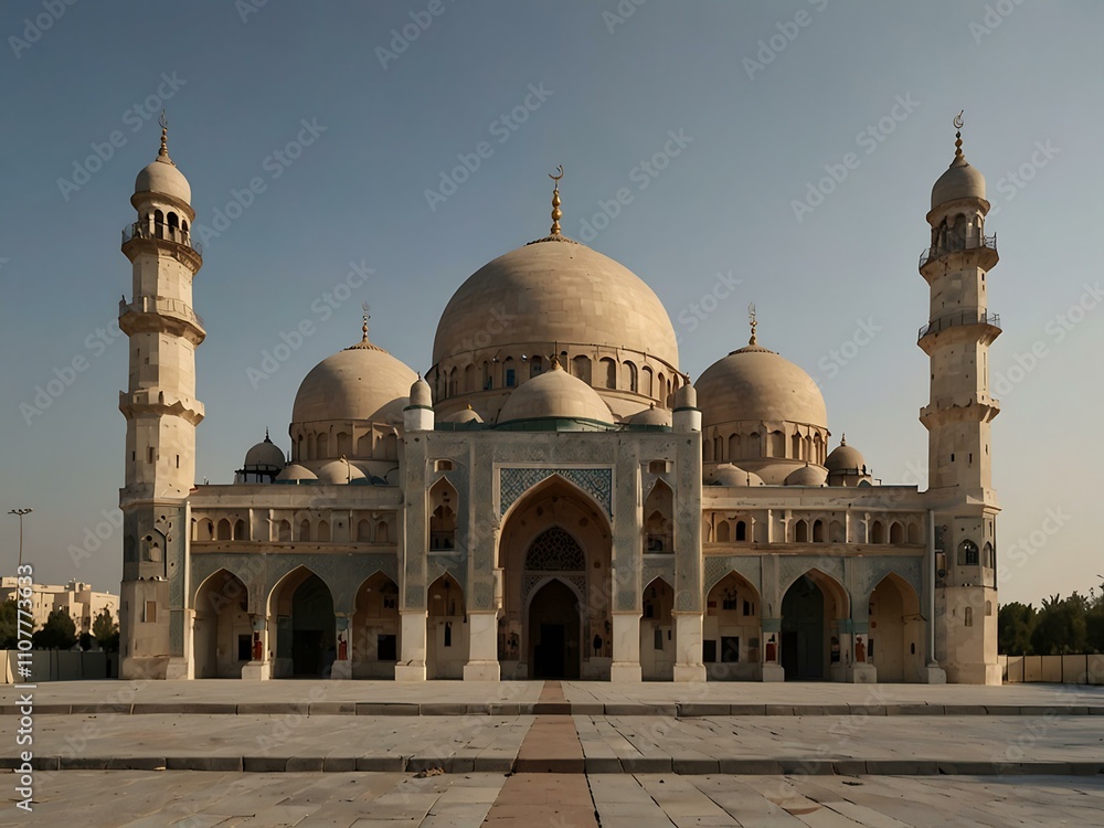 Fototapeta premium Mosque with symmetrical domes and minarets.