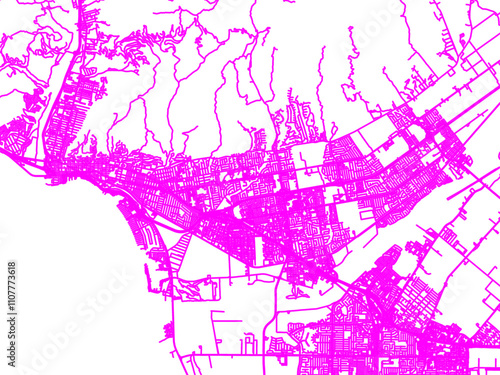 Abstract Neon Road Network Overlay of Ventura California, USA in Bright Pink.