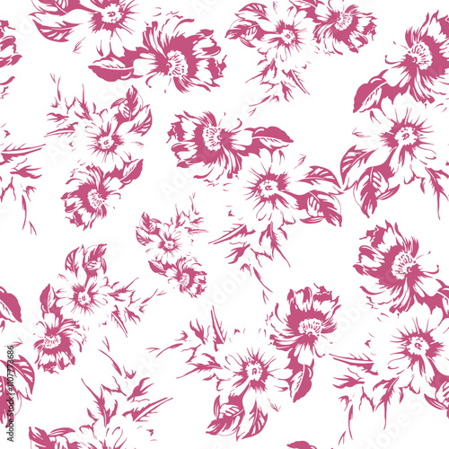 pink branch print with buds of loose chamomiles in line art style, for textile, design or pattern