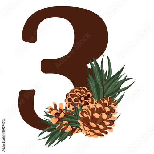 number 3 with new year design, namely different pine cones and pine branches for christmas and new year designs