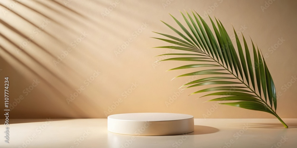 Minimalist Still Life with Palm Leaf and Light Cast Shadows on Beige Background Minimalist Still Life with Palm Leaf and Light Cast Shadows on Beige Background