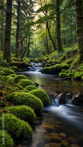 Moss-covered trees by a vibrant stream in a morning forest.