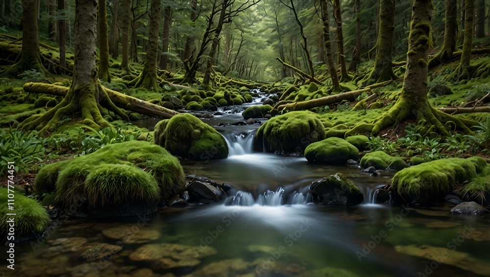 Obraz premium Mossy trees beside a green forest stream.
