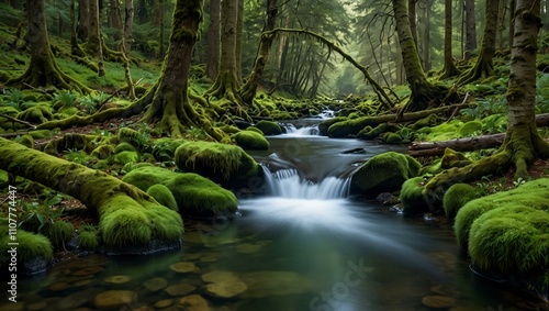 Mossy trees beside a green forest stream.