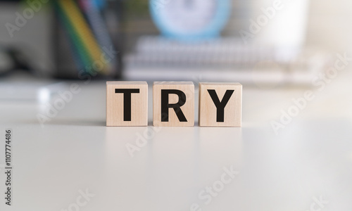 There are three wooden cubes with letters on the table next to the coins. The word TRY. On a gray background. photo