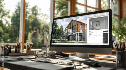 A professional workspace with a desktop computer showing a fully developed 3D mockup of a house design in Revit, surrounded by architectural tools