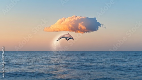 Dolphin Leaping Sunset Cloud Ocean Scene photo