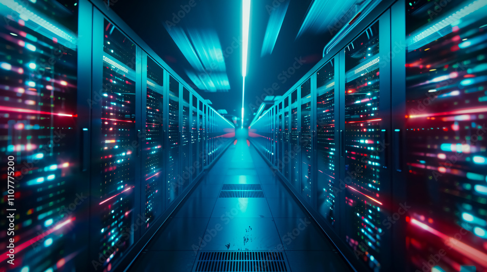 A cutting edge data center bustling with activity where rows of servers handle massive A cutting edge data center bustling with activity where rows of servers handle massive