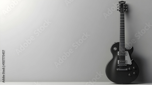 Black electric guitar leaning against a plain white wall.