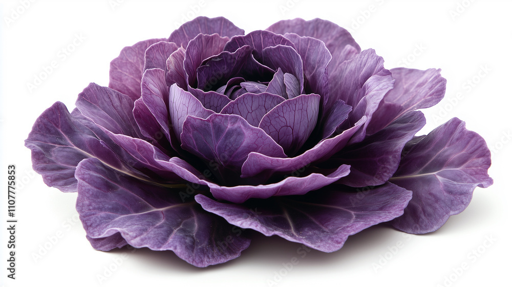 Obraz premium A realistic photograph of a purple red cabbage flower against a white background, showing the intricate details of its textured leaves. The top portion is fully focused,