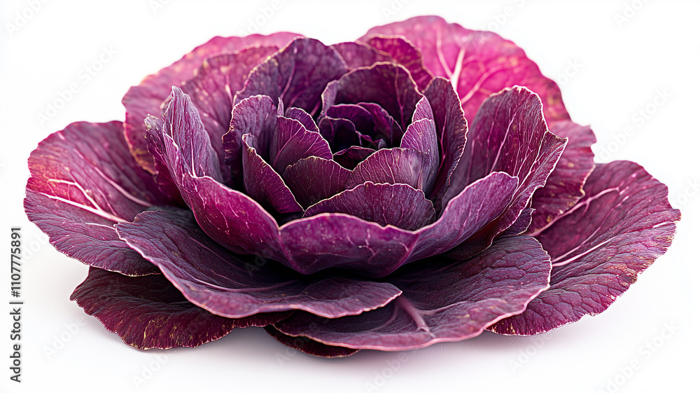 Obraz premium A realistic photograph of a purple red cabbage flower against a white background, showing the intricate details of its textured leaves. The top portion is fully focused,