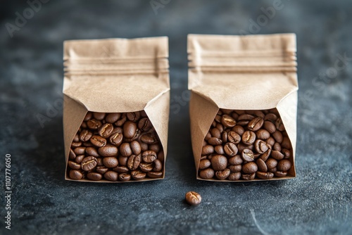 Two coffee sample pouches from the front perspective photo