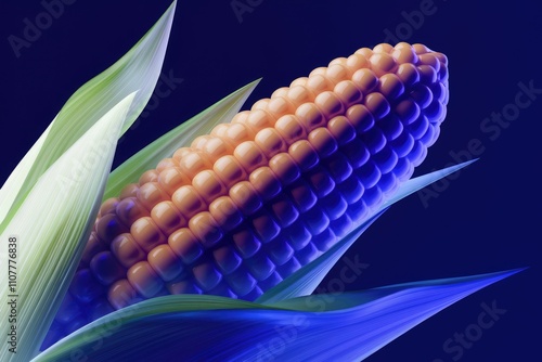 A vibrant image of a corn cob  illuminated with blue light  showcasing its kernels and husk photo