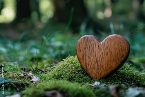 Authentic perspective of a timber heart on greenery in a forest burial site, sustainable memorial idea, ai innovations and end-of-life concepts in nature’s care photo