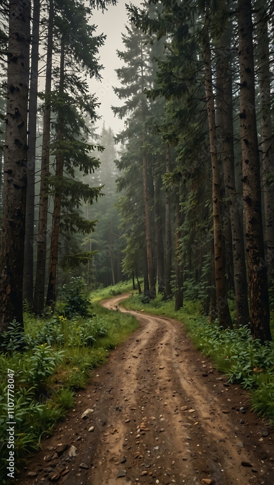 Obraz premium Mountain dirt road through a forest landscape.