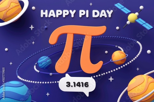 Happy Pi Day celebration with 3D planets and a large Pi symbol in space photo