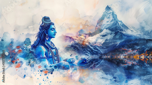 A vibrant watercolor portrait of Hindu god Shiva, adorned with intricate jewelry and blue skin tone, meditating with goddess Parvati,