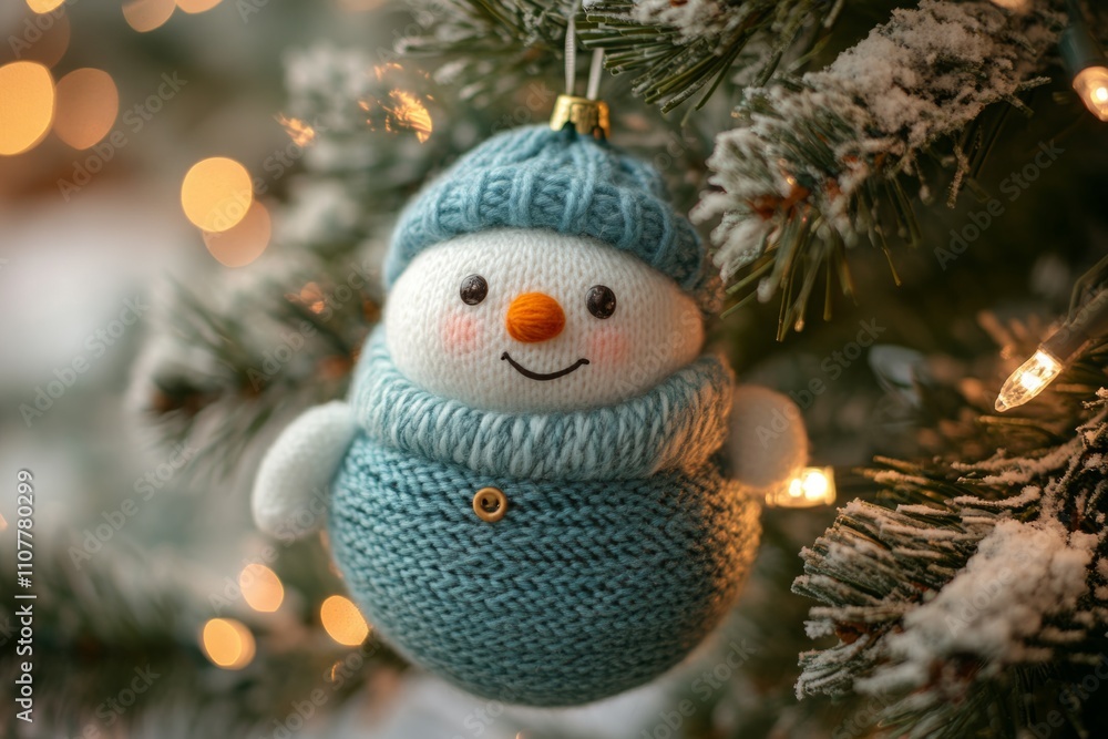 Obraz premium Cute knitted snowman ornament hanging on a christmas tree, creating a warm and festive holiday atmosphere
