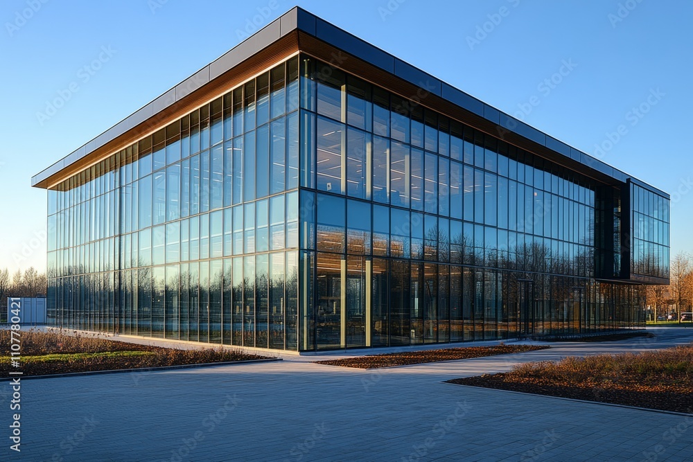 Fototapeta premium Exterior view of contemporary glass office building reflecting clear blue sky on bright sunny day